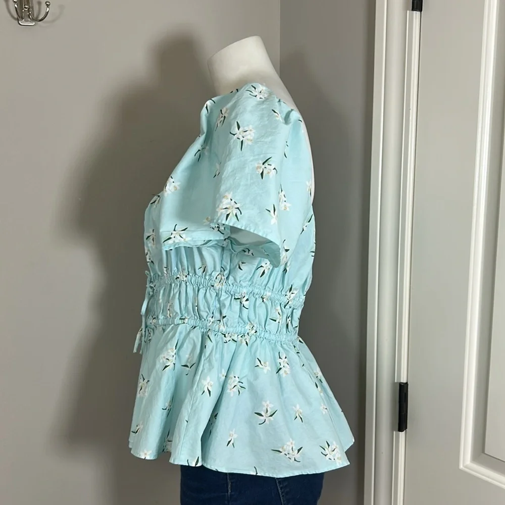 Kate Spade Whimsy Floral Puff sleeve Top Aqua White Flowers Shirt Ties Sz XL